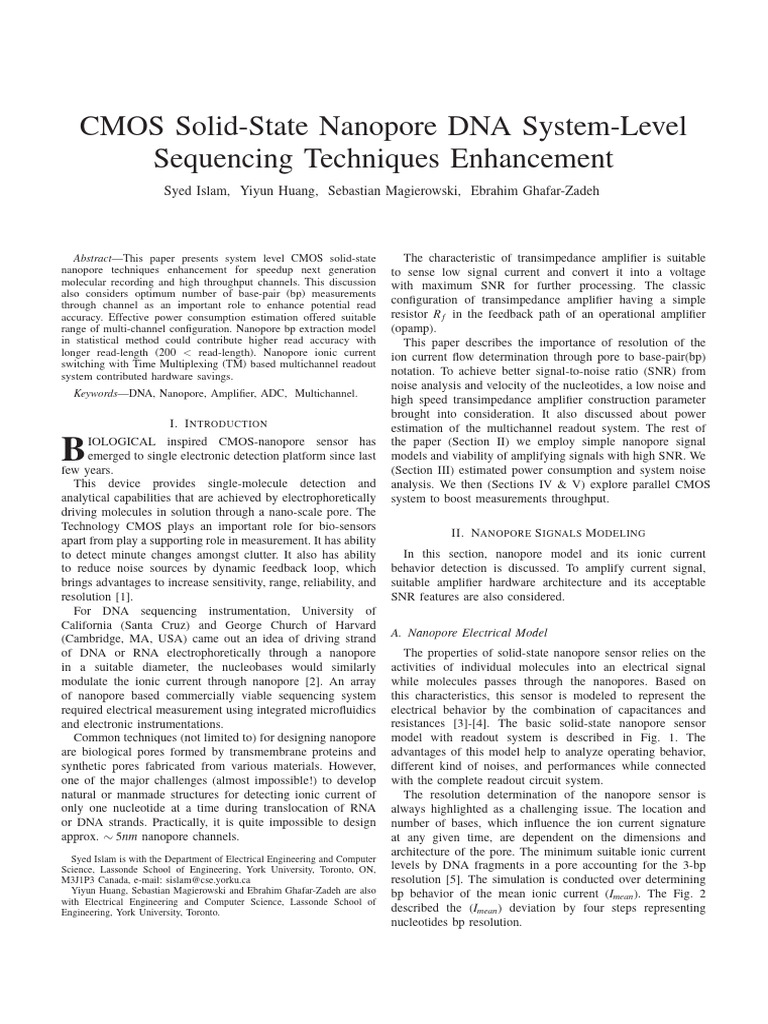 Cmos Solid State Nanopore Dna System Level Sequencing Techniques