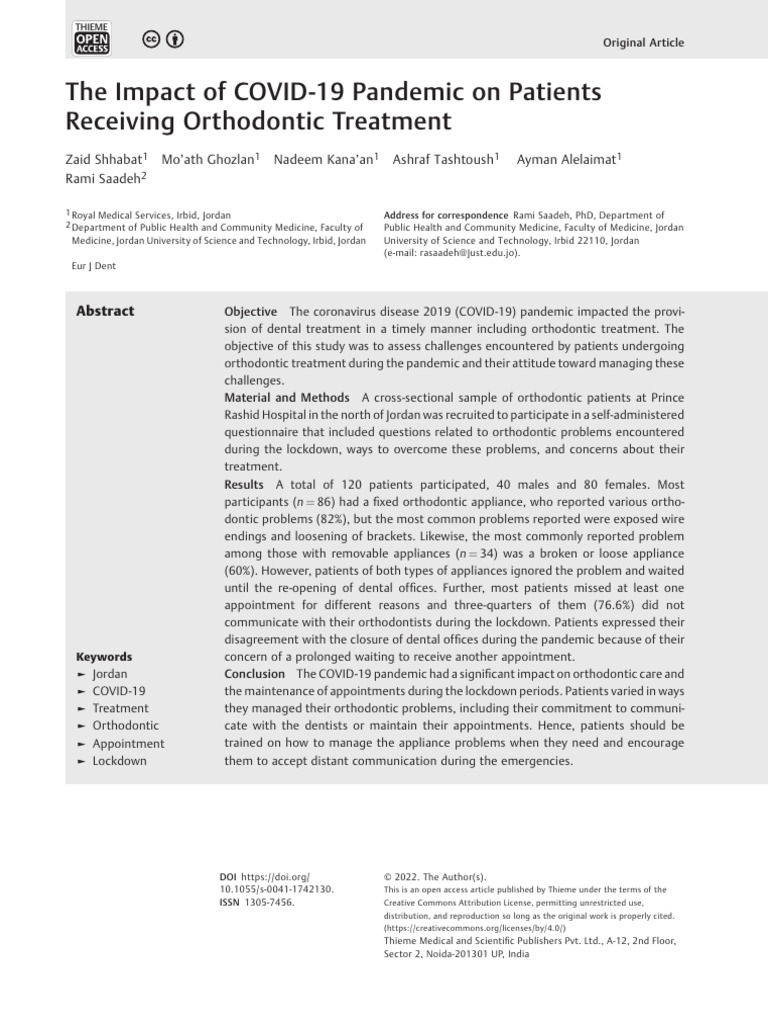 The Impact of COVID-19 Pandemic On Patients | PDF | Orthodontics | Medicine