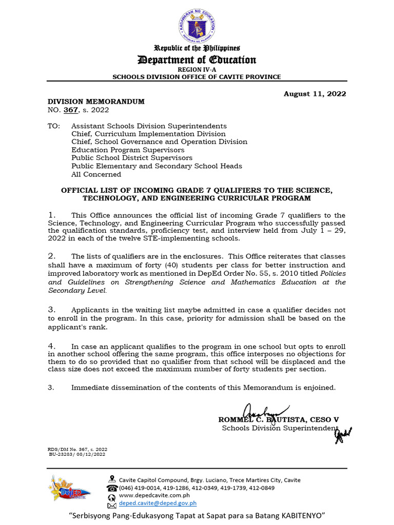 Grade 7 STE Program Qualifiers List | PDF | Schools