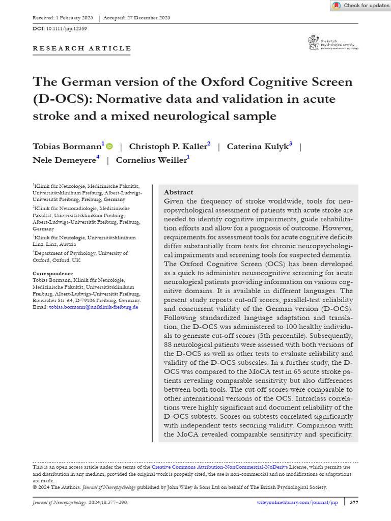 The German Version of The Oxford Cognitive Screen D OCS Normative Data ...