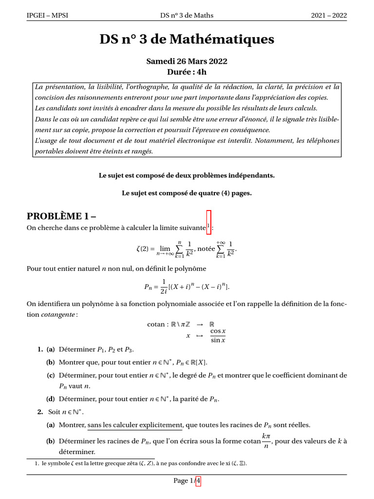 DS de Maths MPSI 2021-2022 - Problèmes et Solutions | PDF | Polynôme ...