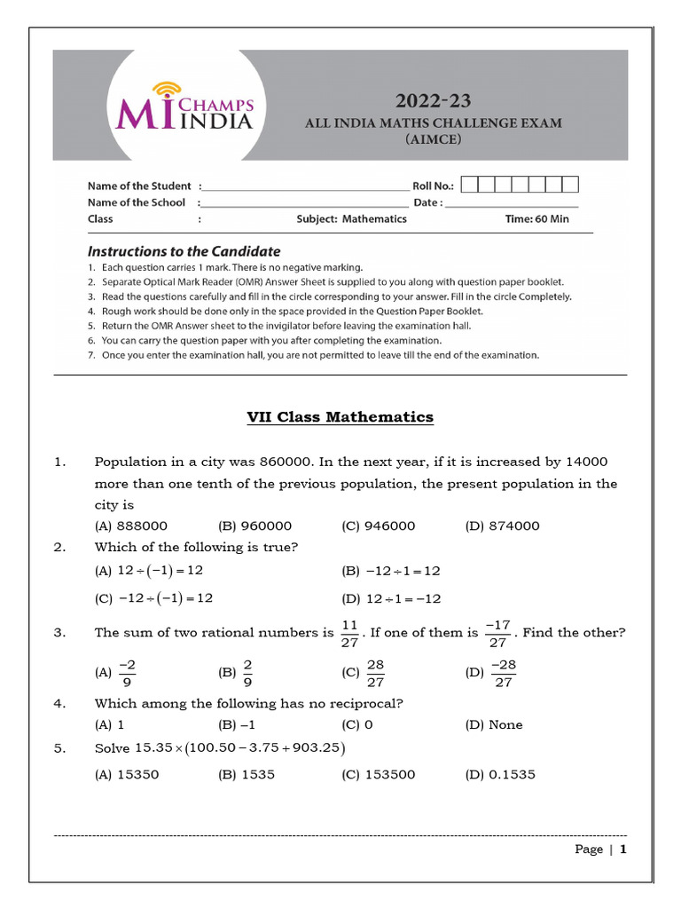 Class 7 Mathematics Model Paper | PDF | Circle | Area