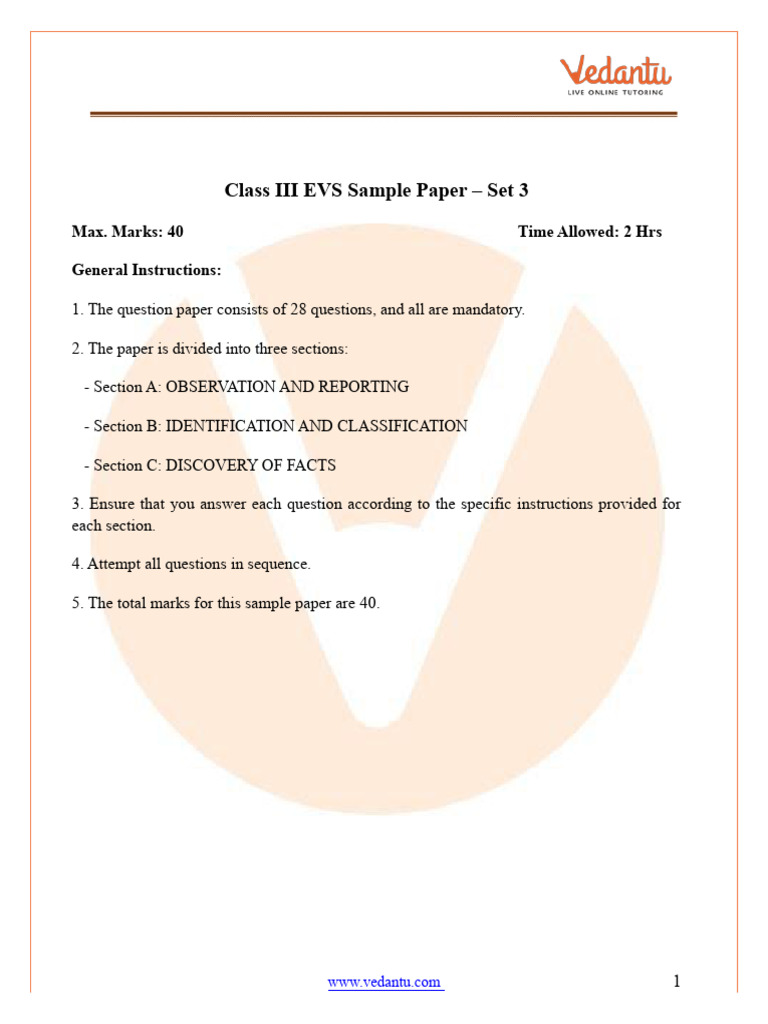 Class 3 EVS Sample Question Paper | PDF | Plants | Zoology