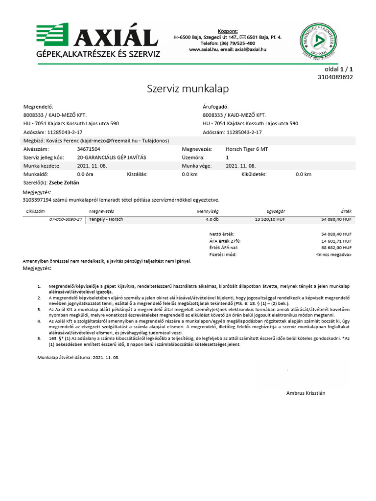 Szerviz Munkalap: 8008333 / KAJD-8008333 / KAJD - HU - HU - 11285043-2 ...