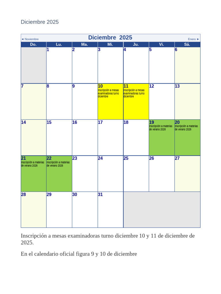 Calendario Diciembre 2025 y Exámenes | PDF