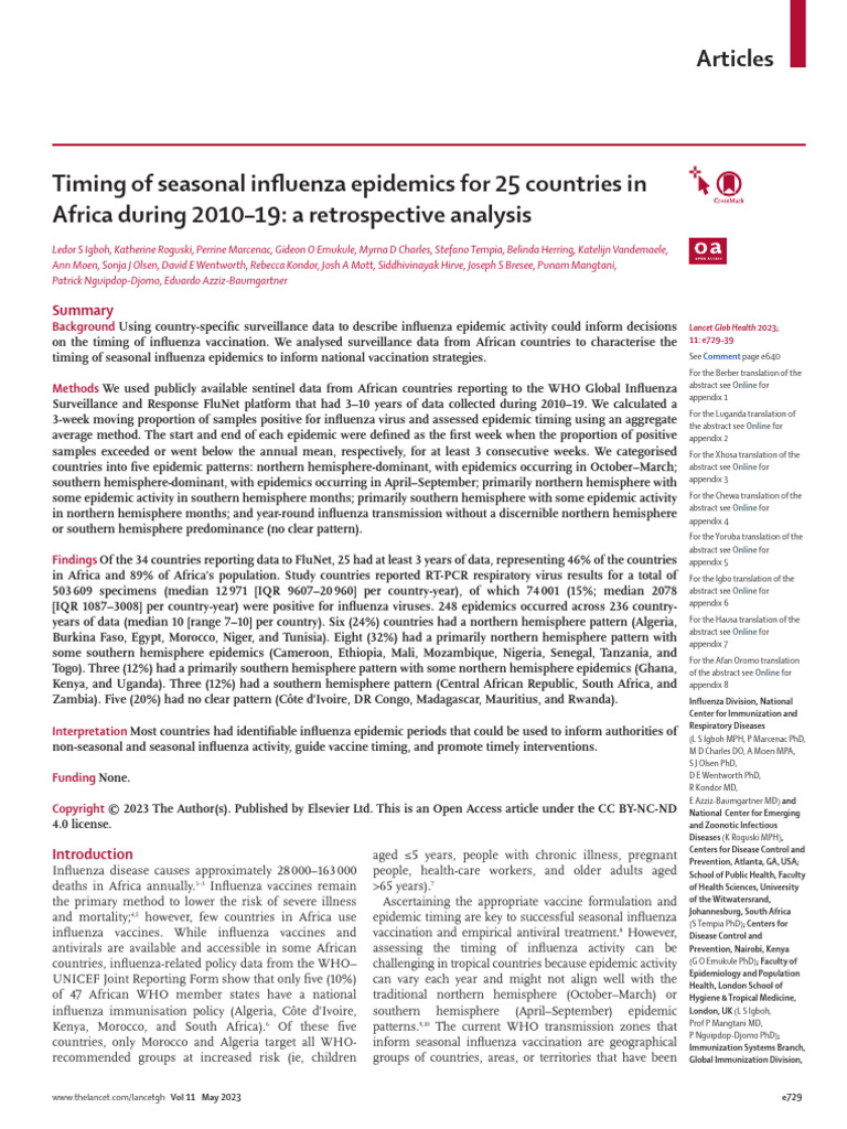 Timing of Seasonal Influenza Epidemics For 25 Coun | PDF | Influenza ...
