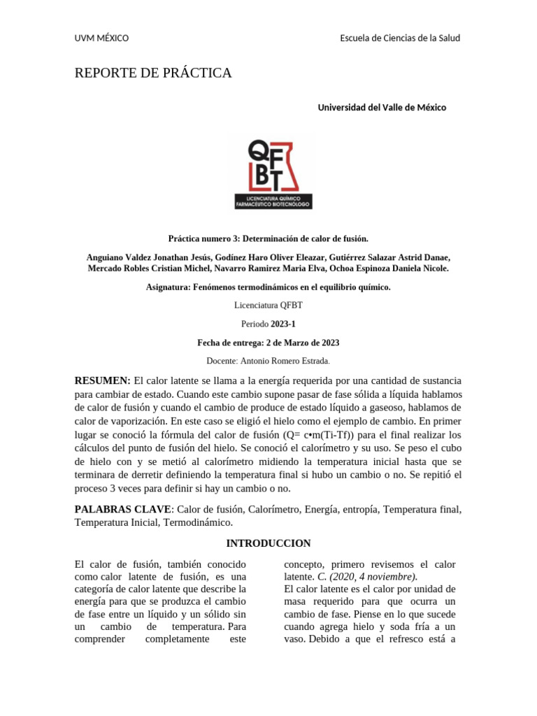 Calor de Fusión: Práctica de Laboratorio | PDF | Calor | Derritiendo