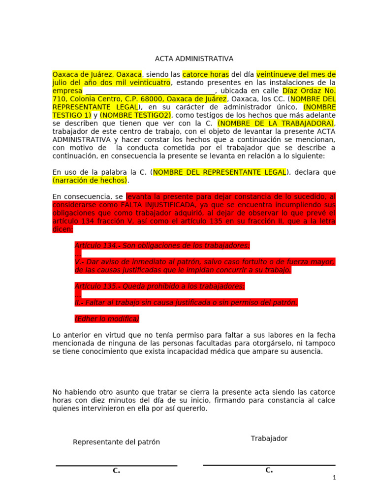 ACTA ADMINISTRATIVA (Formato) | PDF