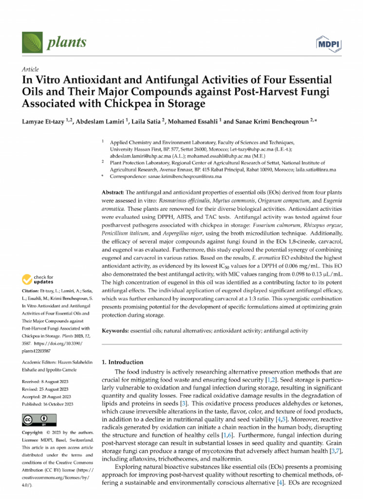 In Vitro Antioxidant and Antifungal Activities of Four Essential Oils ...