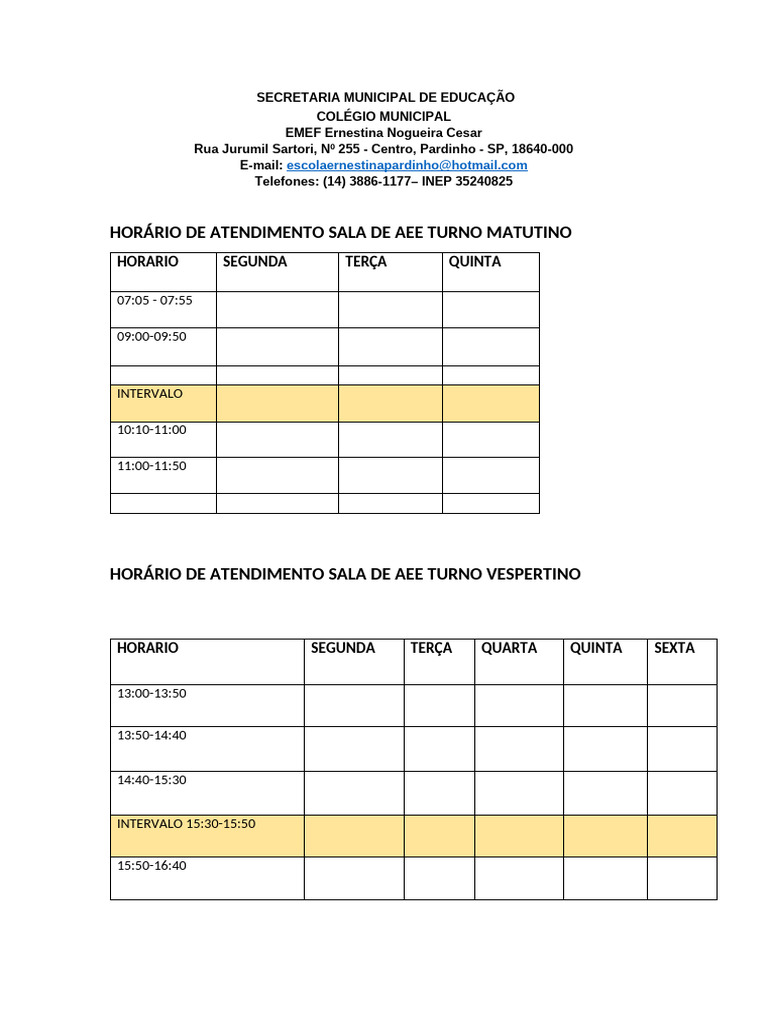 Horário de Atendimento Sala de Aee Turno Matutino | PDF