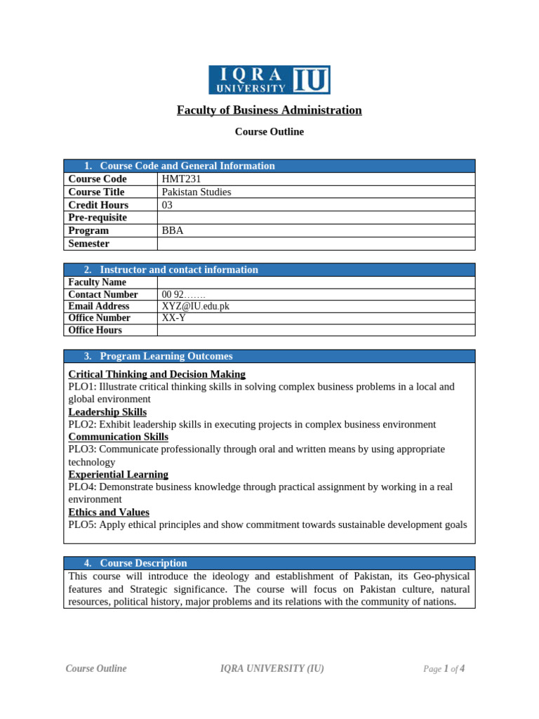 Pakistan Studies Course Outline | PDF | Knowledge | Lecture