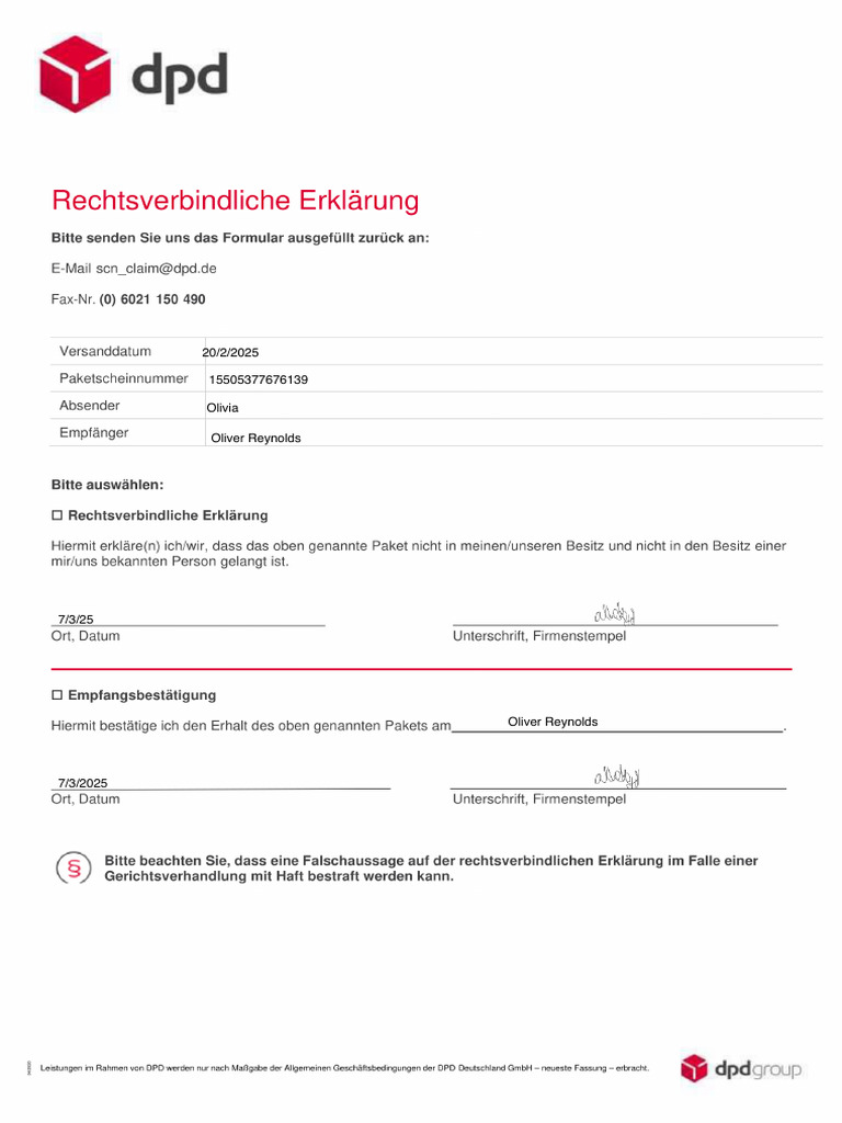 DPD DE Legally Binding Declaration | PDF