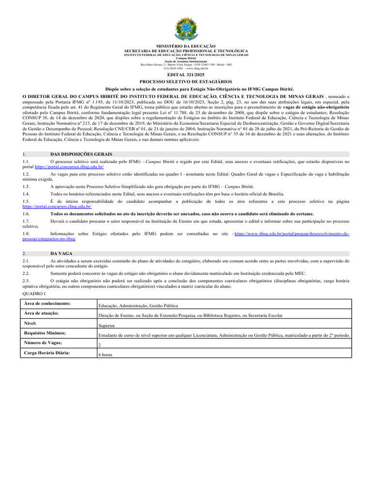Edital 321/2025: Estágio IFMG Ibirité | PDF