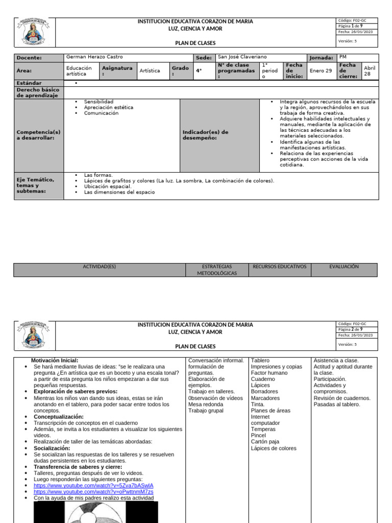 Plan de Clases de Educación Artística 4° | PDF | Aprendizaje | Maestros