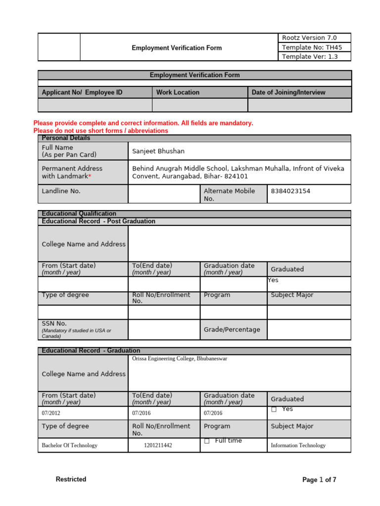 Employee Verification Form | PDF | Employment | Business