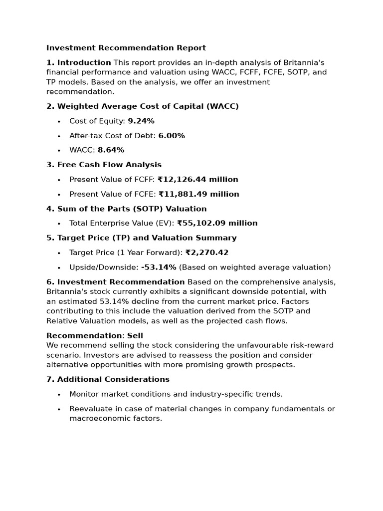 Britannia Investment Analysis: Sell Recommendation | PDF