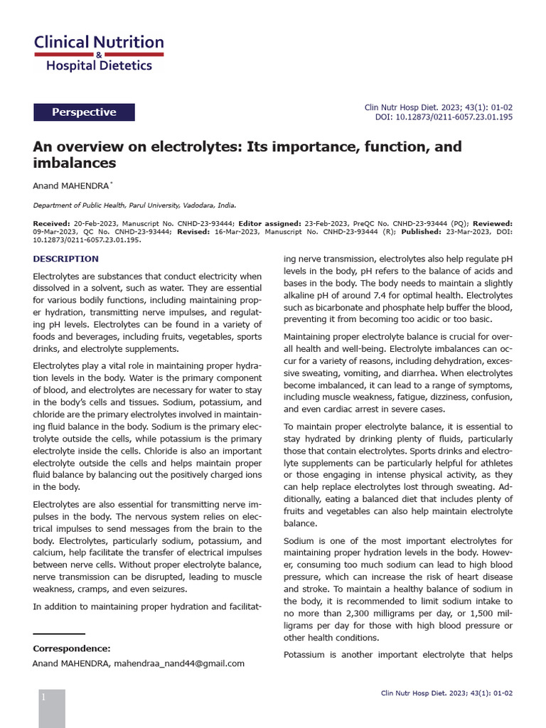 Importance of Electrolytes in Health | PDF | Electrolyte | Sodium