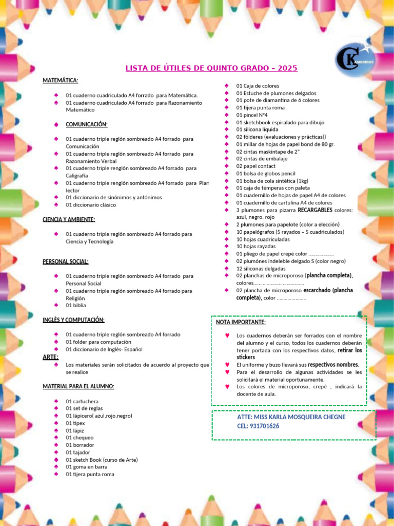 Lista de útiles 5to grado 2025 | PDF | Materiales de Conservación y ...