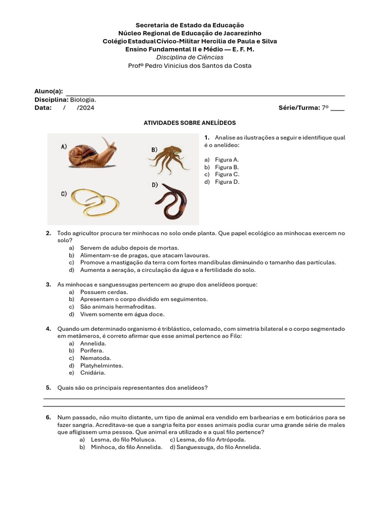 Atividades sobre Anelídeos para 7º Ano | PDF