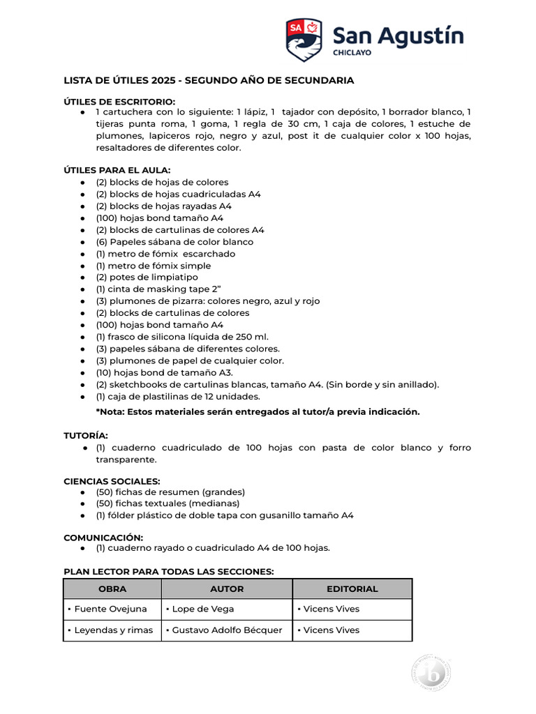 Lista de Utiles 2025 - 2 Ano de Secundaria | PDF