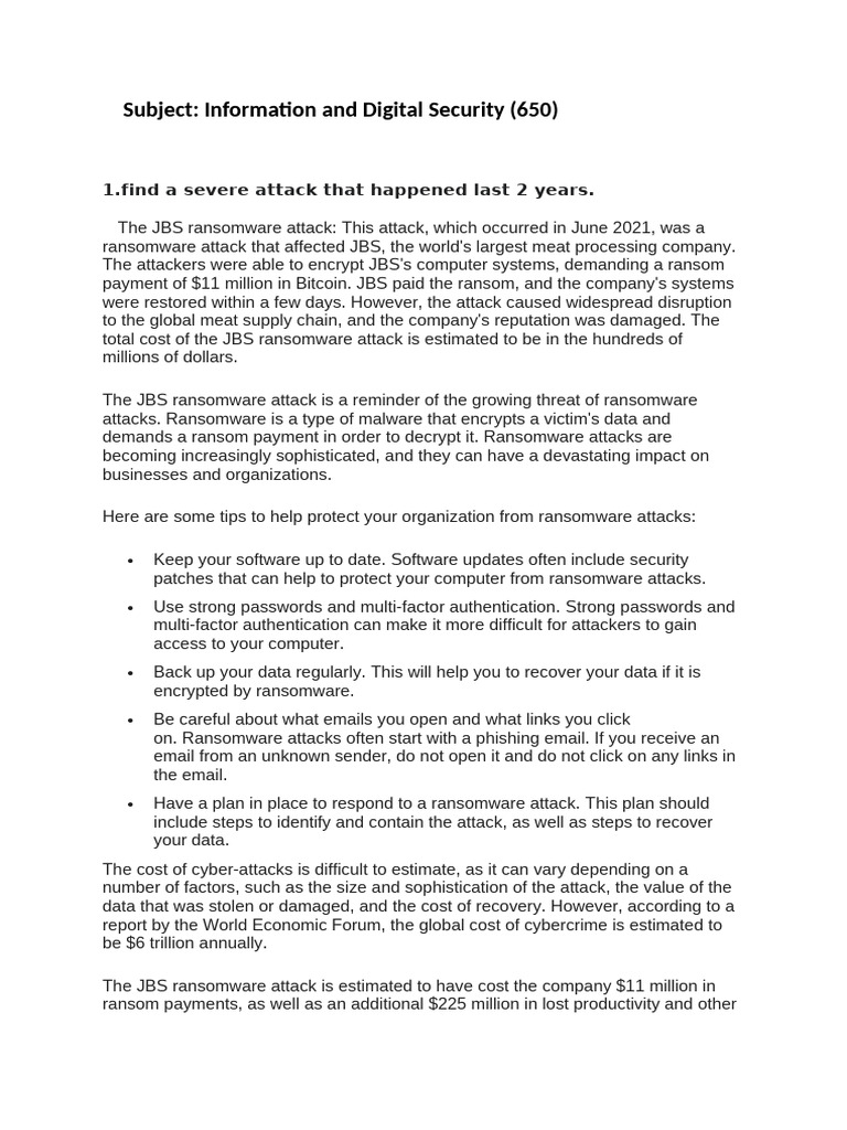 JBS Ransomware Attack Impact and Costs | PDF | Ransomware | Computer ...
