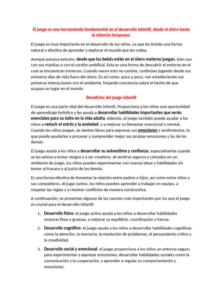 Importancia del Juego en el Desarrollo Infantil | PDF | Las emociones ...