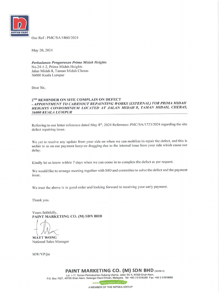 1860 - RPTG Prima Midah Height Condo - Reminder On Site Complaint ...