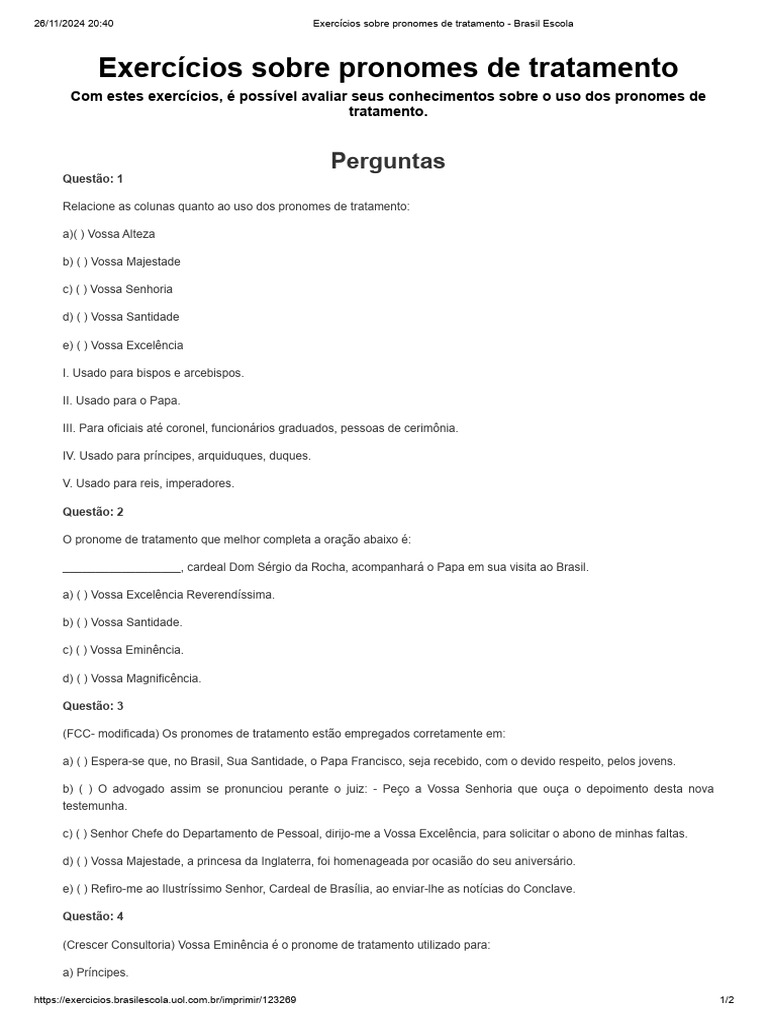 Exercícios sobre Pronomes de Tratamento | PDF | Papa | Títulos honoríficos