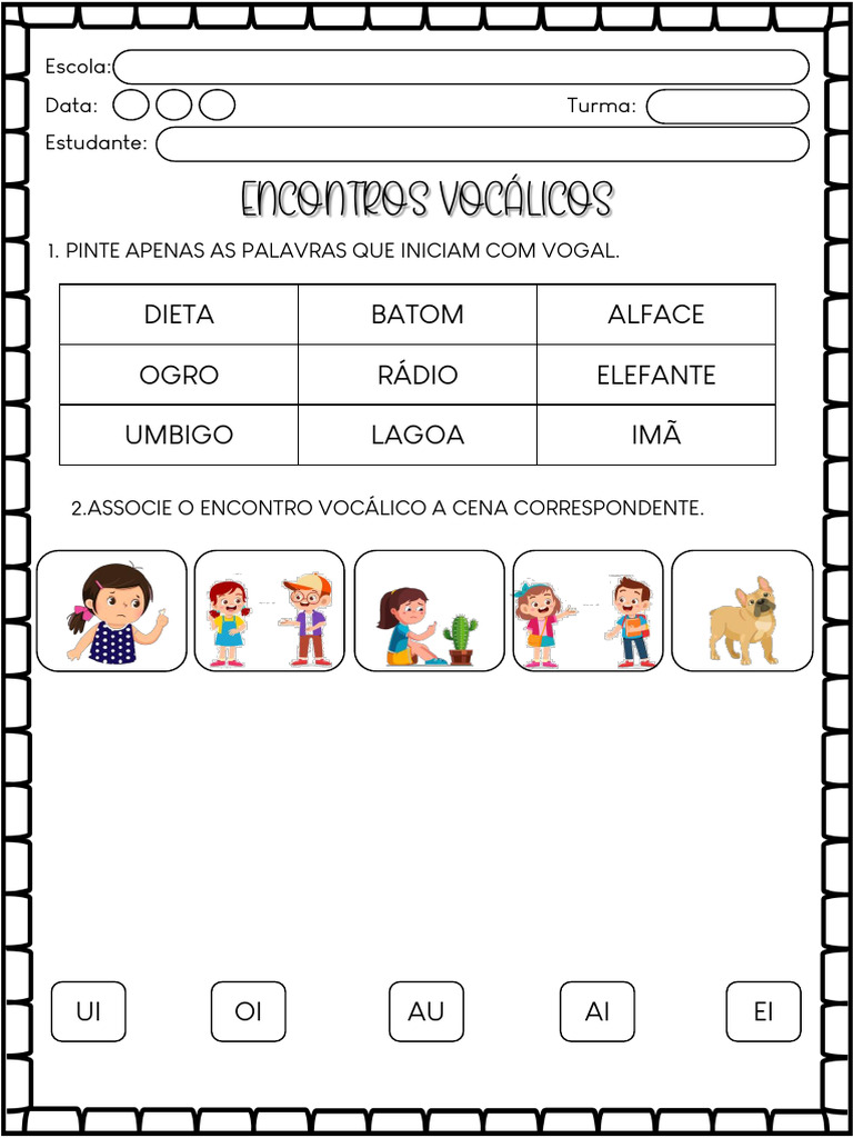 Atividades de Encontros Vocálicos 1º Ano | PDF | Vogal | Propriedade ...