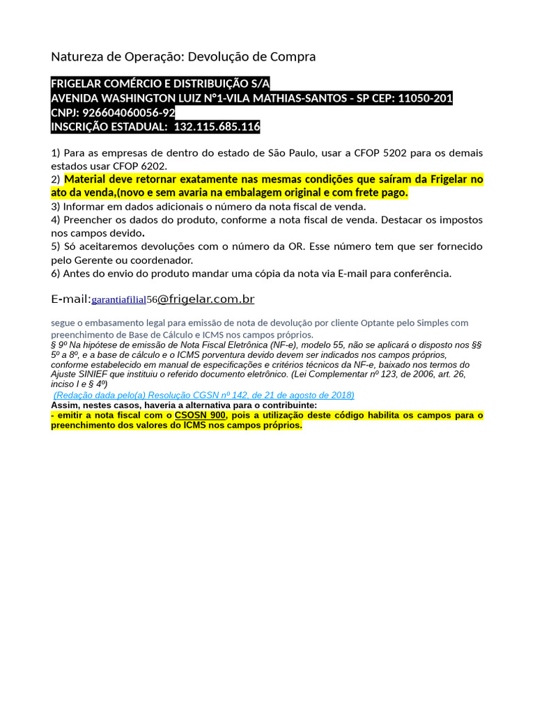 Devolução de Compra e CFOPs Aplicáveis | PDF
