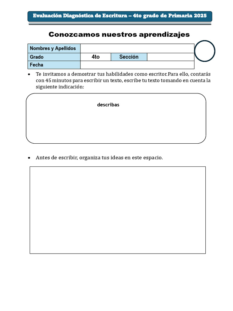 Prueba Escritura Diagnóstica 4to Ok Pdf Aprendizaje