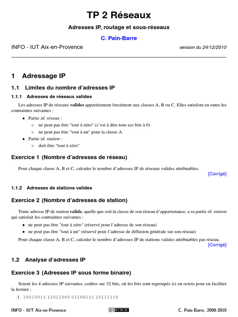 Adresses IP et routage : TP Réseaux | PDF | Protocoles Internet | Routage