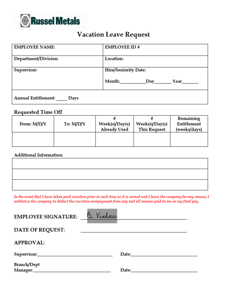 Vacation Leave Request Form Template | PDF