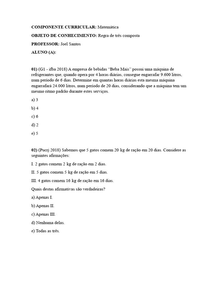 Exercícios Resolvidos de Regra de Três Composta | PDF
