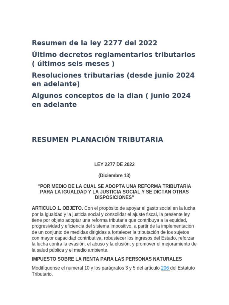 Resumen Ley 2277 de 2022 y Tributación | PDF | Impuestos | Impuesto ...