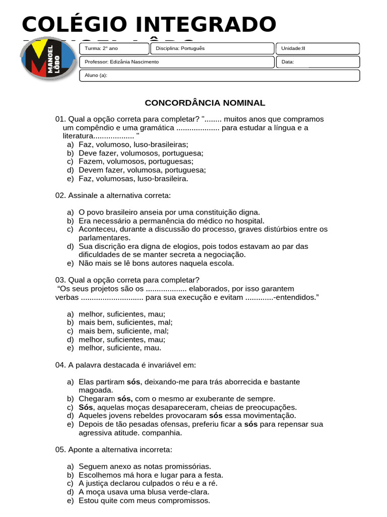 Exercícios de Concordância Nominal | PDF