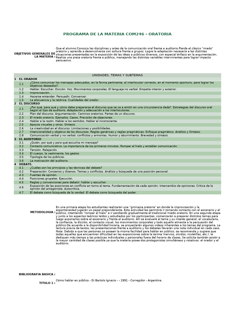 Programa de Oratoria COM246: Habilidades Clave | PDF | Hablar en ...