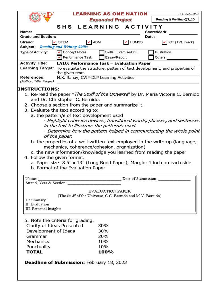 RW LAS 10 Performance Task - Evaluation Paper | PDF | Learning ...