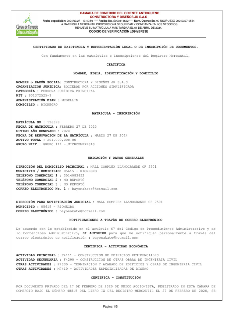 Certificado de Camara de Comercio Constructora y Diseños JK Sas | PDF ...