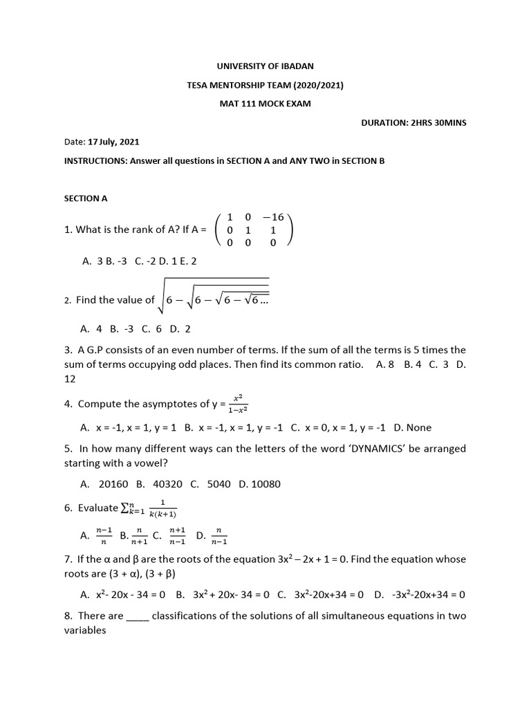 Mat111 Tesa PQ | PDF | Numerical Analysis | Applied Mathematics