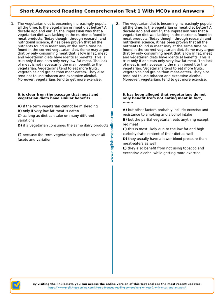 844 Short Advanced Reading Comprehension Test 1 With Mcqs and Answers ...