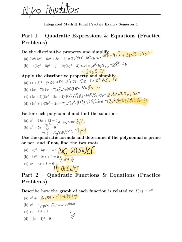Integrated Math II Final Exam Practice | PDF