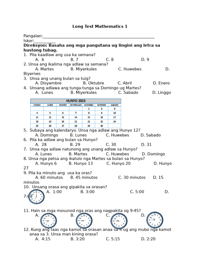Long Test Mathematics 1 | PDF