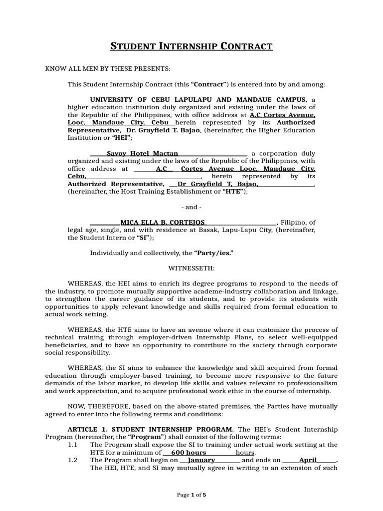 Student Internship Contract Template | PDF | Legal Liability | Trade Secret