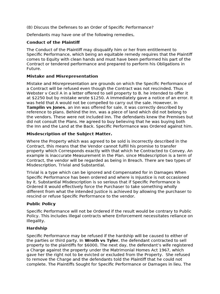 Defences To Order of Specific Performance | PDF | Specific Performance ...
