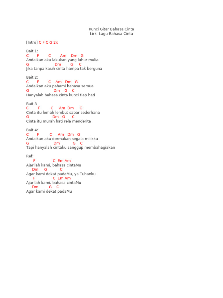 Kunci Gitar dan Lirik Bahasa Cinta | PDF