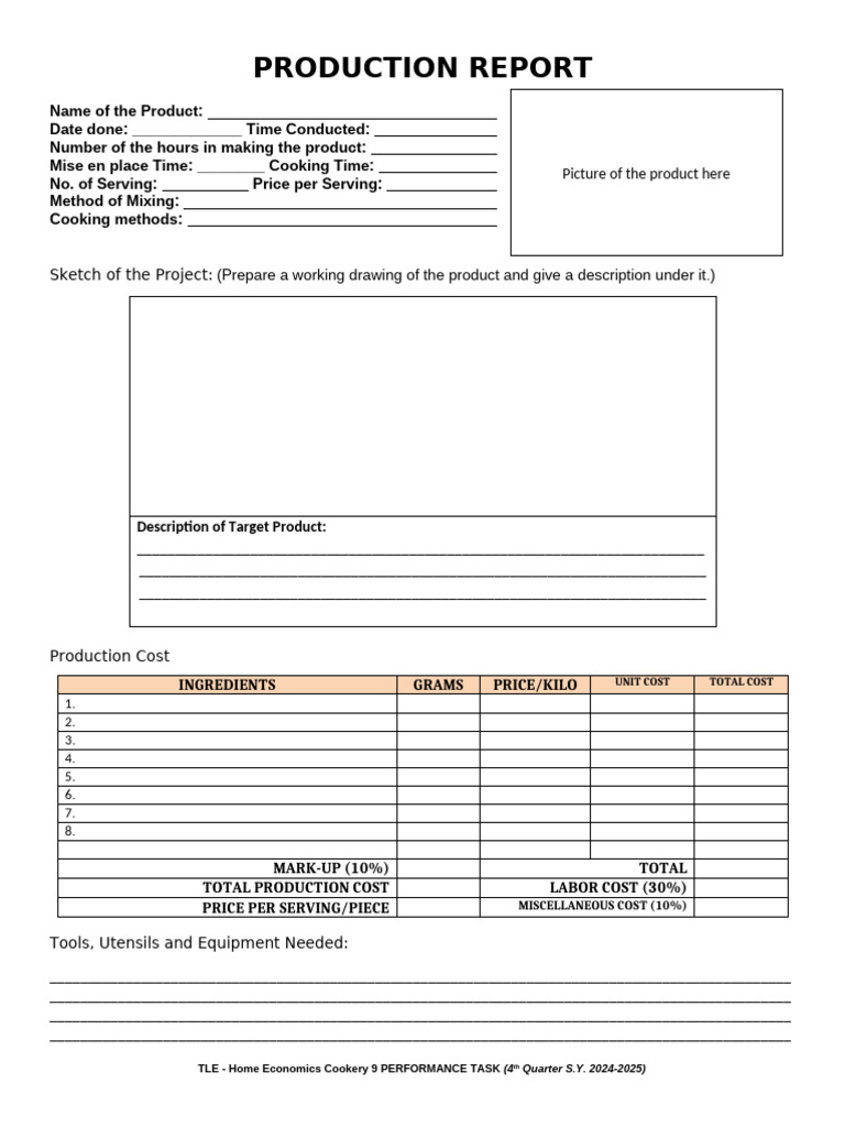 Production Report Cookery 9 - S.Y. 2024-2025-1 | PDF | Cooking