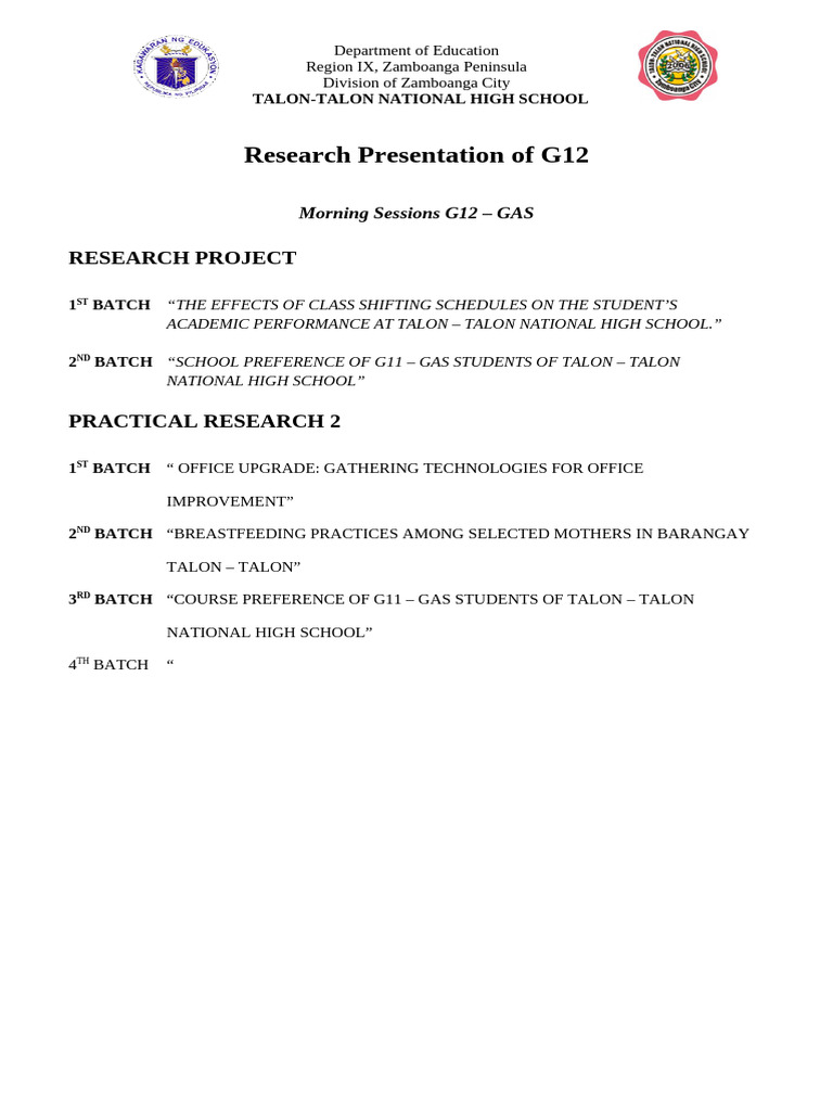 Research Presentation of G12 SCHEDULES | PDF