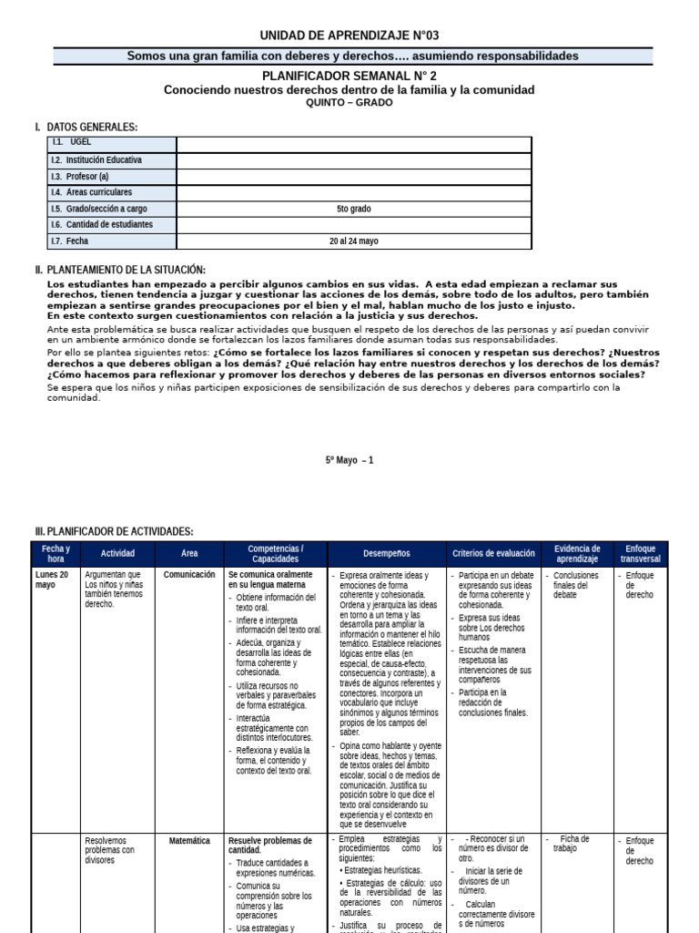 5° Grado - Planificador Semanal Del 20 Al 24 de Mayo | PDF | Evaluación ...