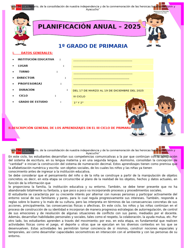 Planificación Anual 2025: 1° Grado Primaria | PDF | Datos | Geometría